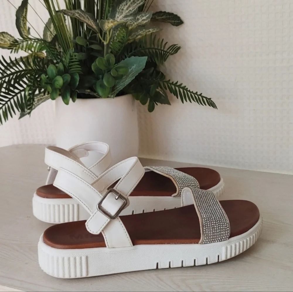 Girl Mia Ankle Strap Platform Sandals,  White with Silver Rhinestones Size 3